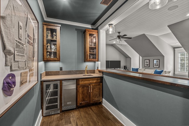 bar featuring wood ceiling, stainless steel fridge, beverage cooler, dark hardwood / wood-style flooring, and crown molding