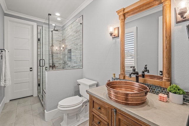 bathroom featuring a shower with shower door, toilet, tile patterned floors, vanity, and ornamental molding