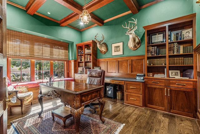 office with crown molding, built in desk, coffered ceiling, beam ceiling, and dark hardwood / wood-style floors