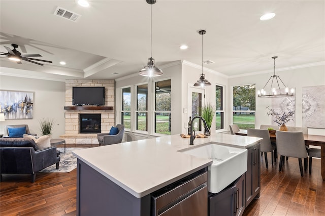 kitchen with dishwasher, sink, an island with sink, decorative light fixtures, and dark hardwood / wood-style flooring