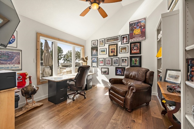 home office featuring ceiling fan, lofted ceiling, and hardwood / wood-style floors