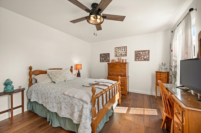 bedroom featuring ceiling fan and dark hardwood / wood-style flooring