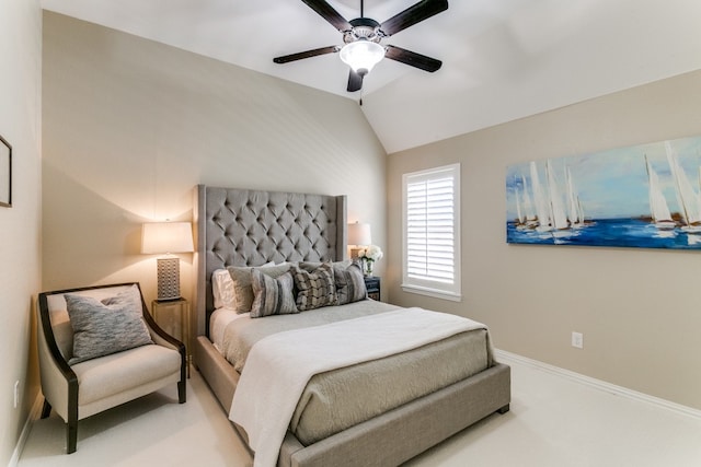 bedroom with carpet, lofted ceiling, and ceiling fan