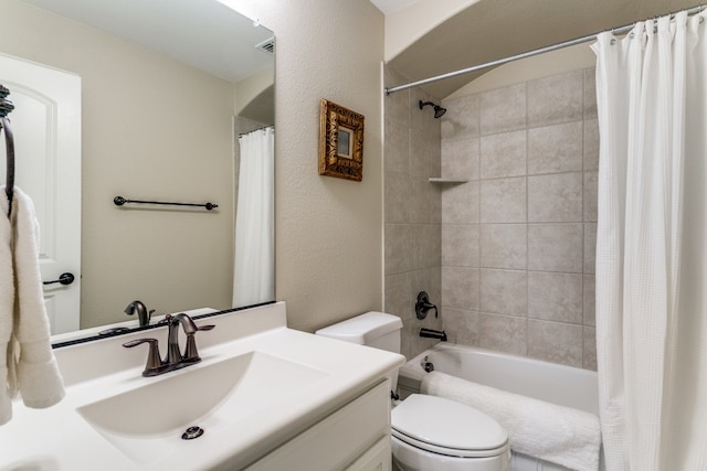 full bathroom with toilet, vanity, and shower / bath combination with curtain