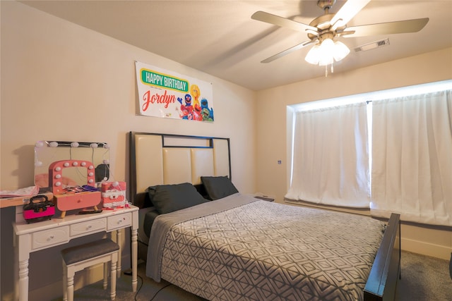 bedroom featuring carpet and ceiling fan