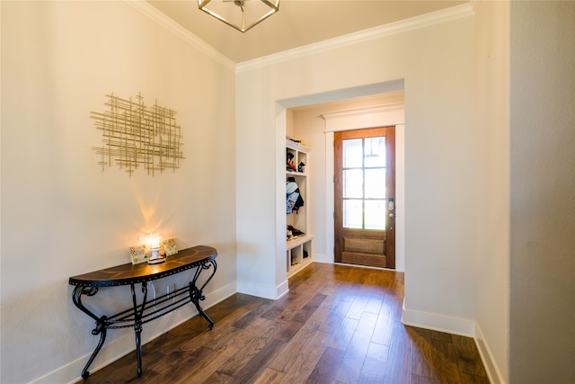 doorway featuring ornamental molding and dark hardwood / wood-style flooring