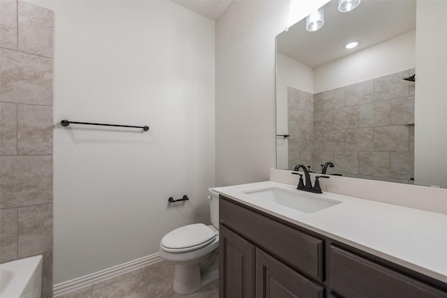 full bathroom with vanity, bathtub / shower combination, and toilet