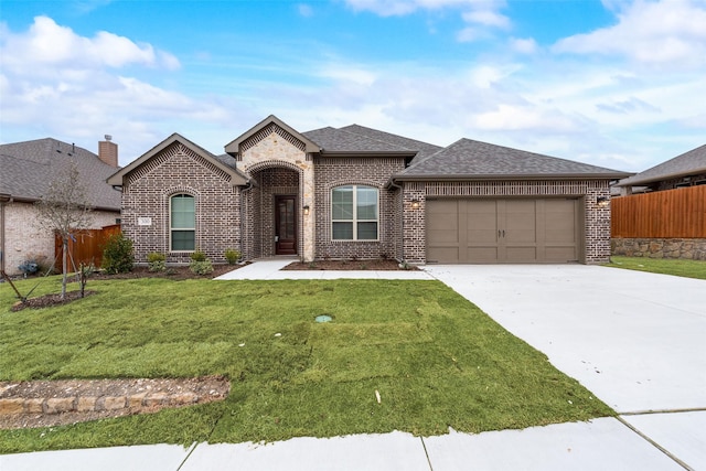 french country home featuring a garage and a front lawn