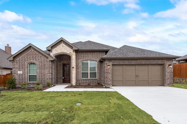 view of front of home with a garage and a front lawn