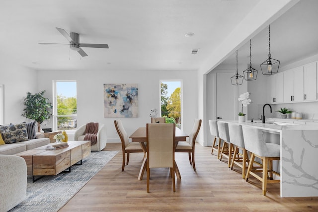 dining area with sink, light hardwood / wood-style floors, plenty of natural light, and ceiling fan