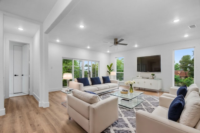 living room with ceiling fan and light hardwood / wood-style flooring