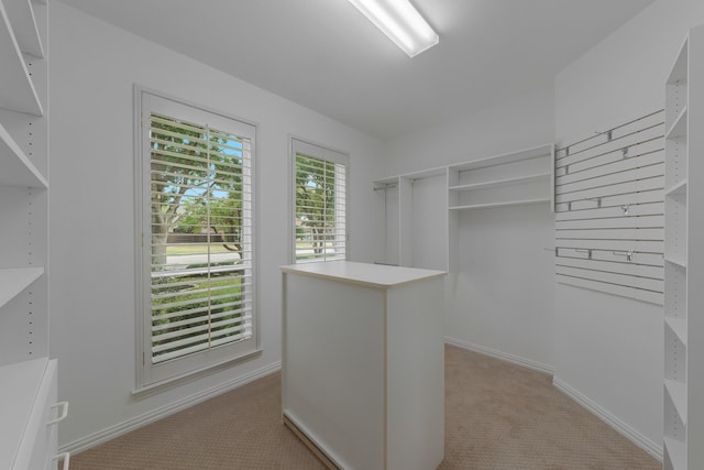 walk in closet featuring light carpet