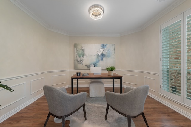 home office featuring ornamental molding and dark wood-type flooring