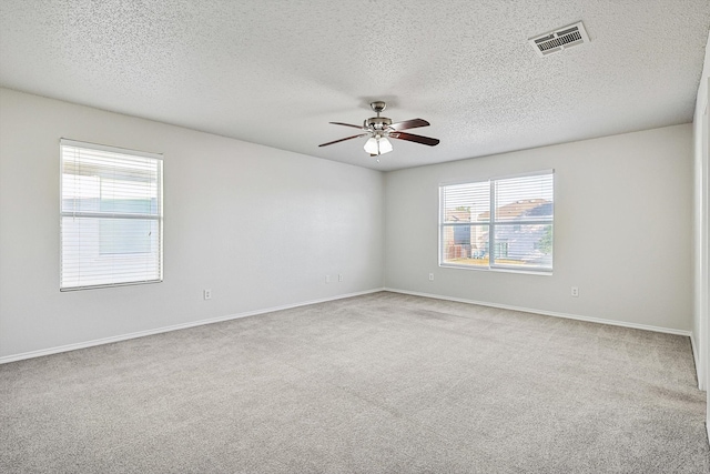 spare room with a wealth of natural light, a textured ceiling, light colored carpet, and ceiling fan