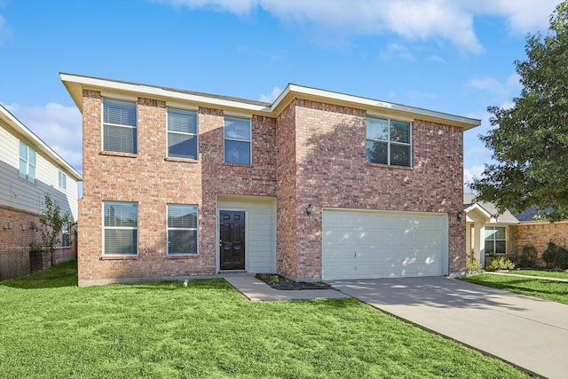 view of front of house with a front lawn and a garage