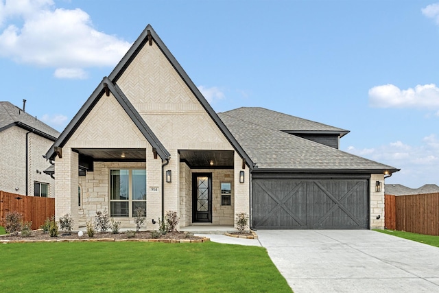 view of front of home featuring a garage, driveway, stone siding, roof with shingles, and a front yard