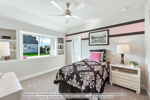 carpeted bedroom featuring lofted ceiling and ceiling fan