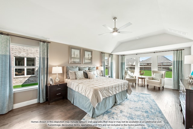 bedroom with lofted ceiling, ceiling fan, and dark hardwood / wood-style flooring