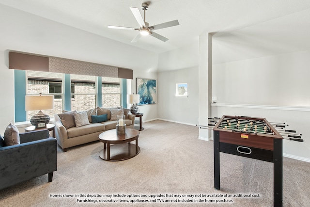 living room with light colored carpet and ceiling fan