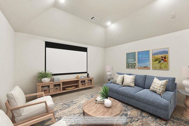 home theater room with lofted ceiling, carpet flooring, visible vents, and recessed lighting