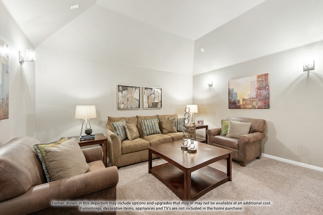 living room with light carpet and vaulted ceiling