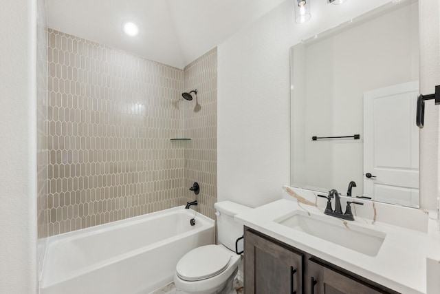 full bathroom with toilet, vanity, and bathing tub / shower combination