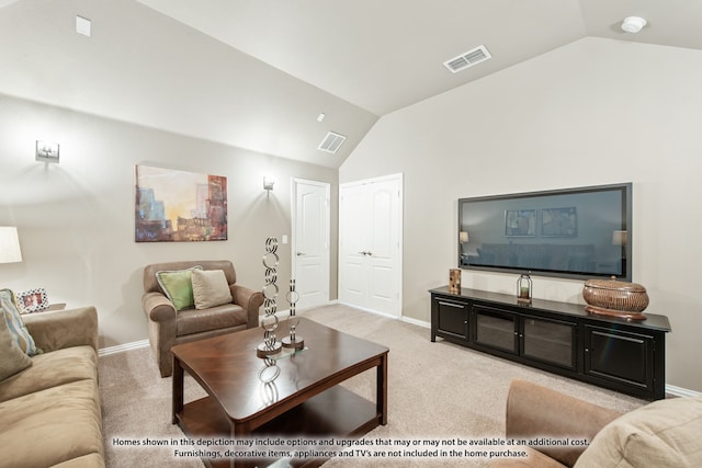 carpeted living room with vaulted ceiling