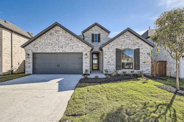 french provincial home featuring a front yard and a garage