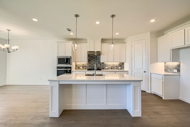 kitchen featuring white cabinets, sink, stainless steel appliances, and a center island with sink