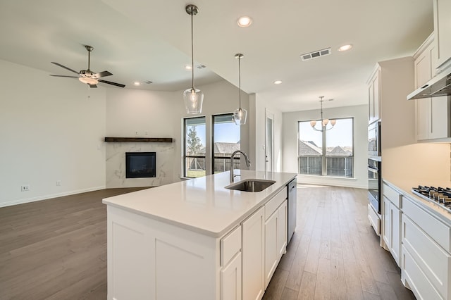 kitchen featuring stainless steel appliances, plenty of natural light, a kitchen island with sink, and sink