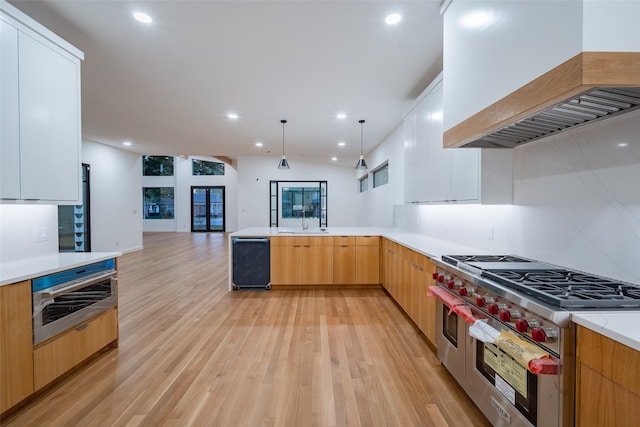 kitchen with sink, decorative light fixtures, light hardwood / wood-style flooring, double oven range, and black dishwasher