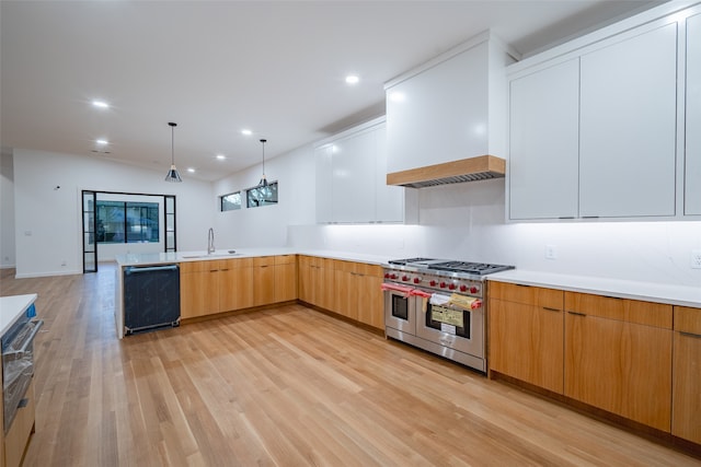 kitchen with white cabinets, high end appliances, light wood-type flooring, and custom range hood