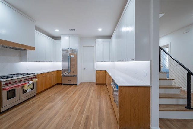 kitchen with high end appliances, sink, decorative light fixtures, white cabinets, and light hardwood / wood-style floors