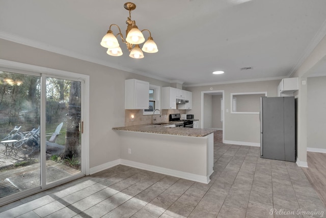 kitchen with an inviting chandelier, white cabinets, kitchen peninsula, sink, and appliances with stainless steel finishes