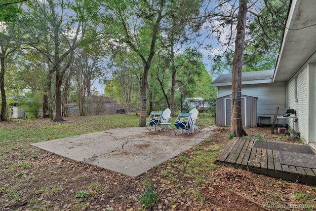 view of yard with a storage unit and a patio area