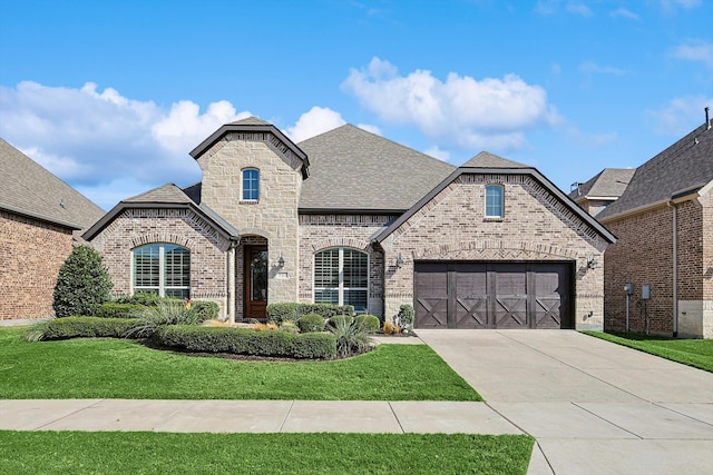 french country inspired facade featuring a front yard