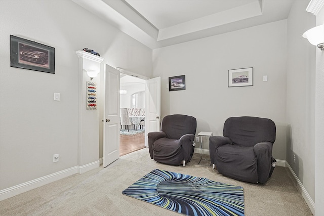 sitting room with a tray ceiling and carpet