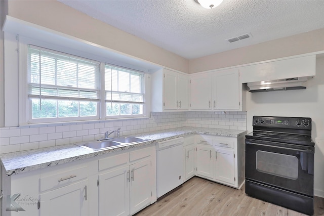 kitchen with black range with electric stovetop, white cabinetry, dishwasher, sink, and ventilation hood