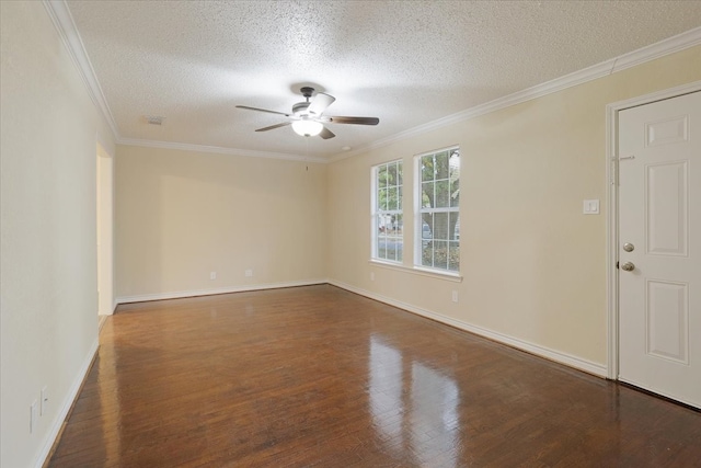 spare room with a textured ceiling, crown molding, dark hardwood / wood-style floors, and ceiling fan