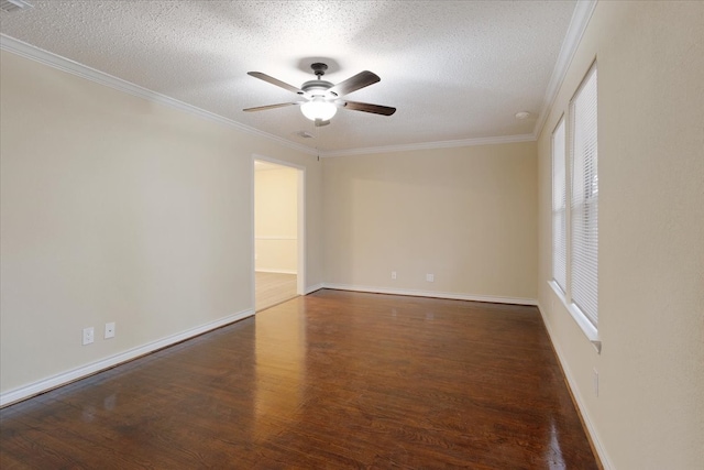 spare room with a textured ceiling, crown molding, dark hardwood / wood-style floors, and ceiling fan