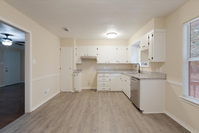 kitchen with sink, light wood-type flooring, white cabinetry, ceiling fan, and stainless steel dishwasher