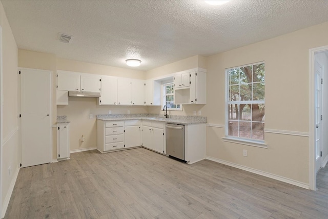 kitchen featuring white cabinets, a textured ceiling, light hardwood / wood-style flooring, dishwasher, and sink