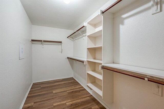 empty room with wood-type flooring, lofted ceiling, and ceiling fan