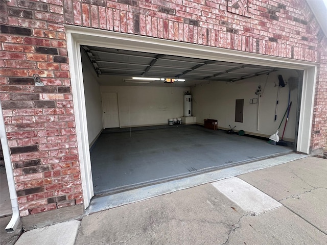 garage featuring a garage door opener, electric panel, and water heater