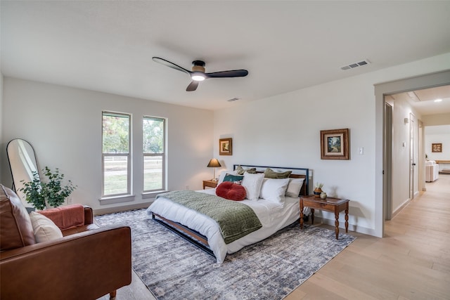 bedroom with ceiling fan and light hardwood / wood-style flooring