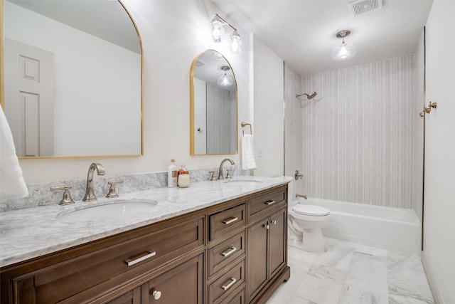 bathroom featuring washtub / shower combination, double vanity, a sink, and visible vents