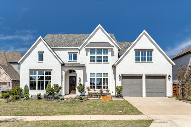 view of front of home with a garage and a front lawn