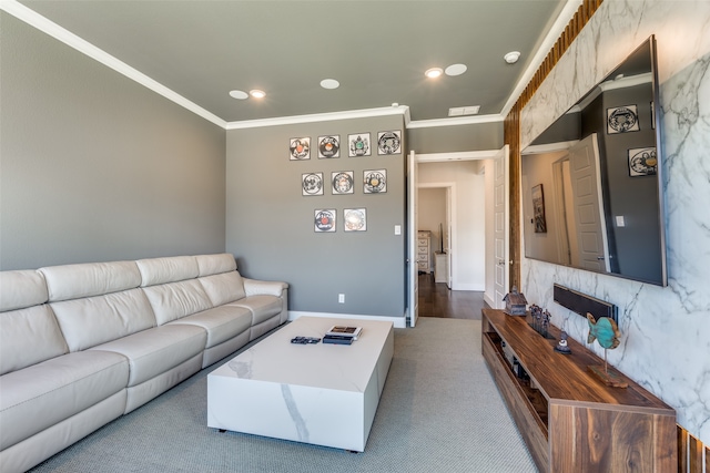 living room with crown molding and wood-type flooring