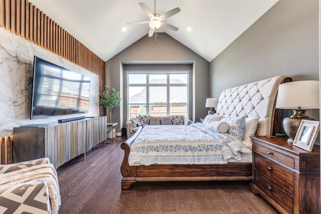 bedroom with dark wood-type flooring, ceiling fan, and lofted ceiling