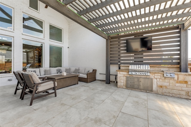 view of patio / terrace with an outdoor living space, area for grilling, and a pergola